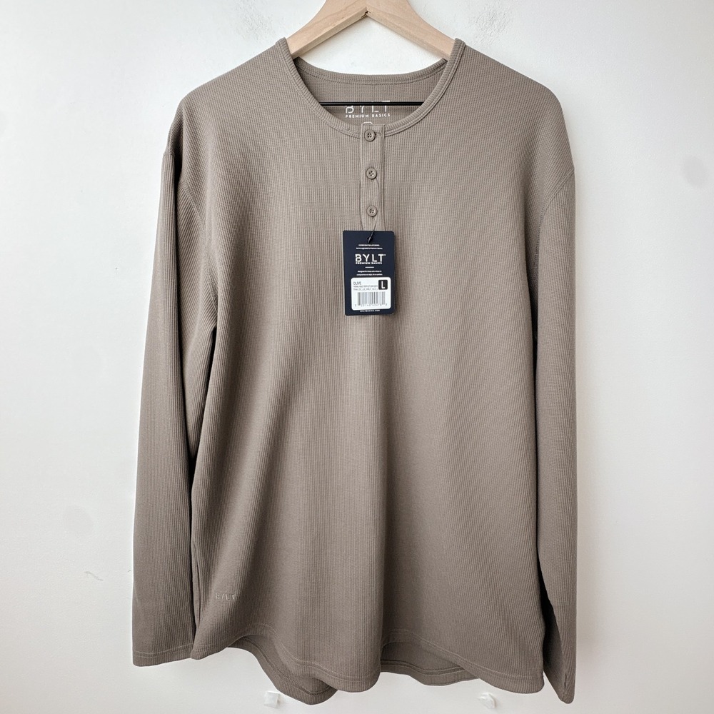 BYLT Thermal Henley Drop-Cut Long Sleeve Mens Large Olive Minimalist Modern NEW